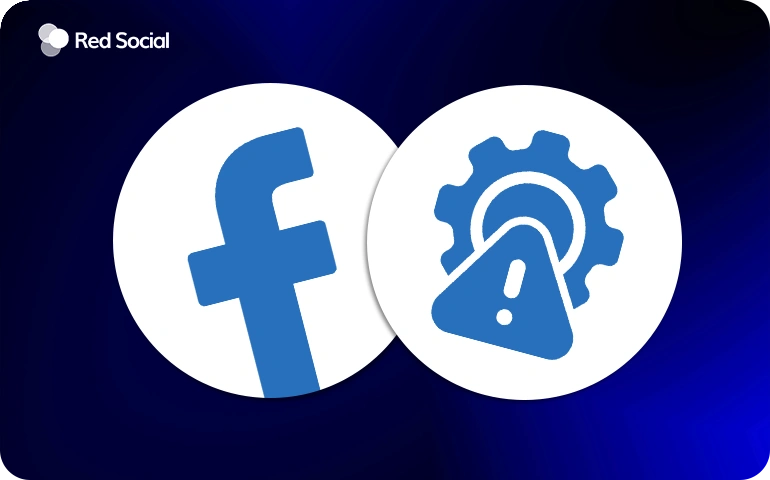 A dark-background graphic with two white Facebook-themed circles—one with the Facebook logo, the other with a gear and warning sign—symbolizing privacy or settings issues when checking post shares.