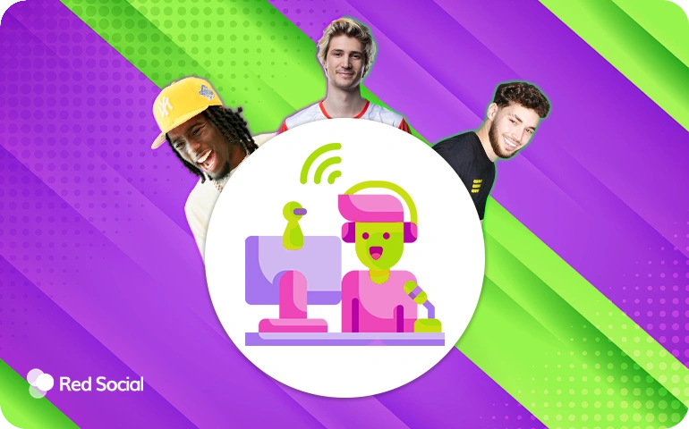 Illustration of three popular streamers standing behind a stylized avatar at a streaming desk.
