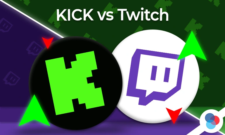 A comparison image showing Kick and Twitch logos with green and red arrows, symbolizing platform pros and cons in 2025.