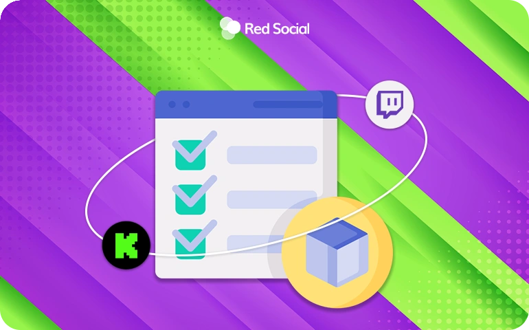 Checklist graphic comparing Kick and Twitch platform features, connected by icons of both services.