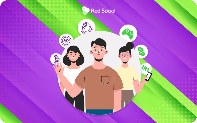 Illustration of three people with floating icons around them representing community categories like gaming, IRL, and chatting.