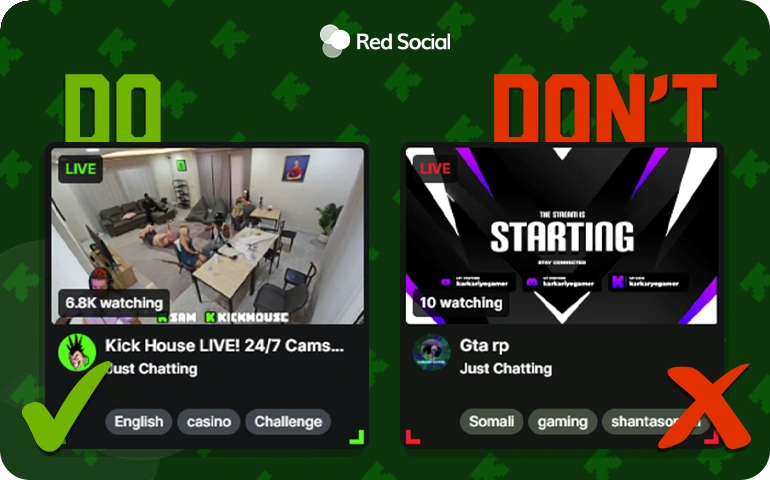 Side-by-side comparison of effective vs ineffective Kick stream thumbnails, with 'DO' showing a live and active group stream, and 'DON’T' showing a basic starting soon screen
