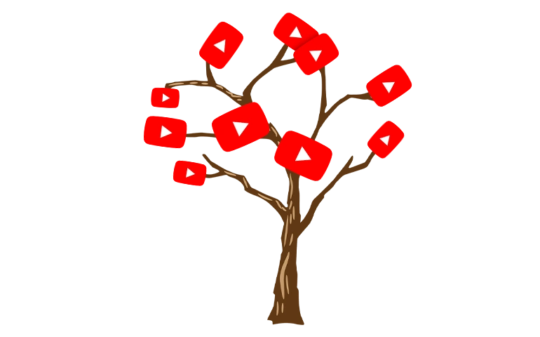 A tree illustration with red YouTube play buttons growing like fruit, symbolizing organic growth strategies for YouTube channels.