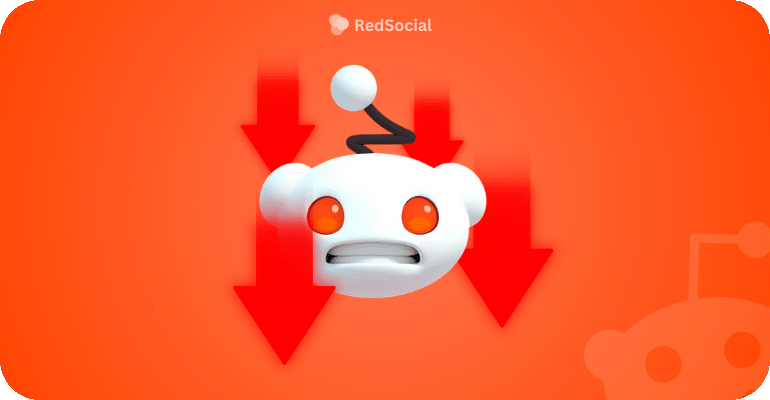 Worried Reddit mascot surrounded by red downvote arrows on an orange background