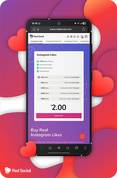 A phone displaying Red Social’s website with a pricing chart for Instagram likes, set against a colorful background of floating hearts.