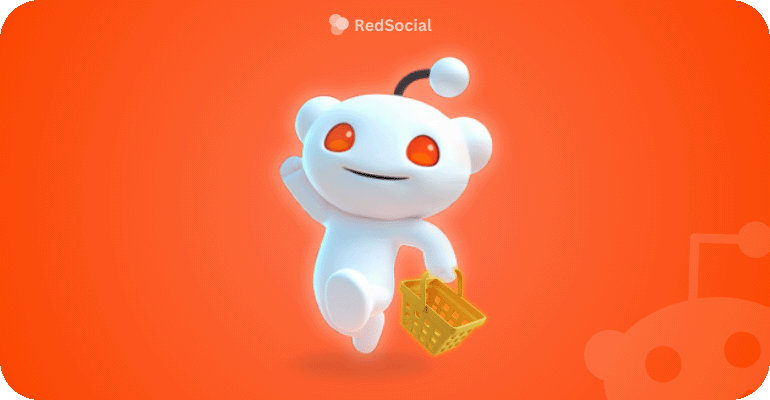 Reddit mascot holding a shopping basket on an orange background.
