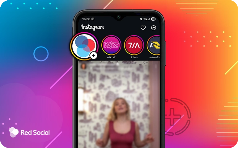 Smartphone displaying the Instagram homepage with story icons from brands like WizzAir, showing RedSocial's story in the first position against a vibrant gradient background.