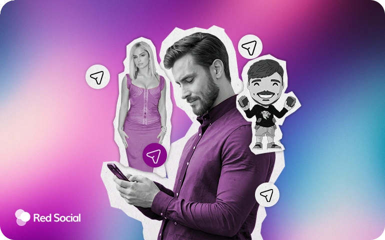 Man checking his phone surrounded by instagram shares and Instagram share icons