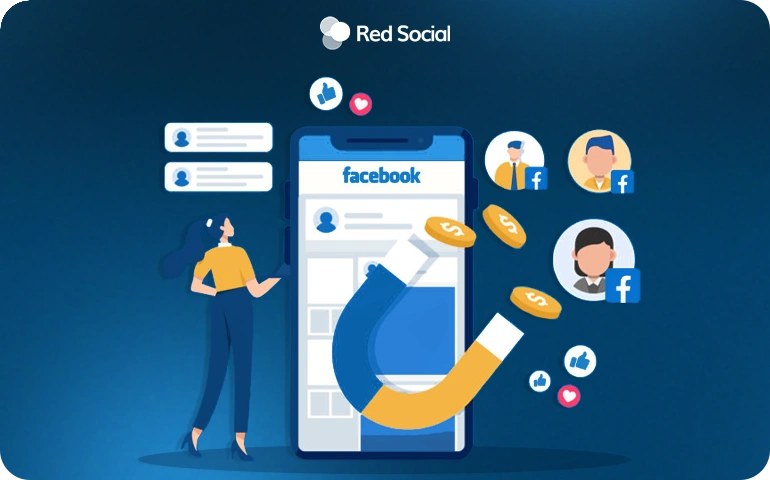 Illustration of a woman standing next to a smartphone displaying a Facebook page, with a large magnet attracting coins, likes, and user icons to represent Facebook ad engagement and conversions.