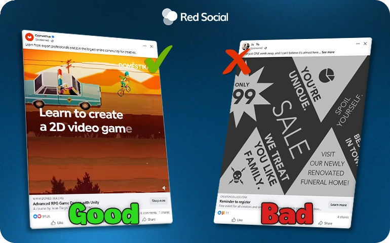 Comparison of two Facebook ads: one with a clean design and clear message labeled “Good,” and another cluttered with text and graphics labeled “Bad,” showing effective vs poor ad creative.