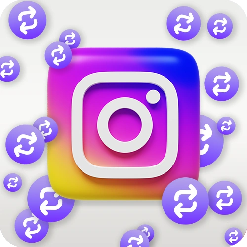 Instagram logo surrounded by floating purple repost icons