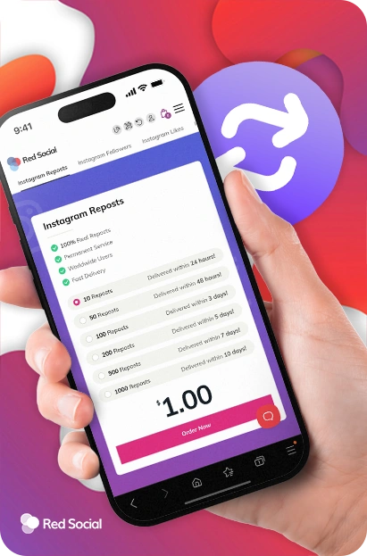 A smartphone displaying the RedSocial service page for buying Instagram reposts, with pricing tiers and delivery times listed for different repost packages.