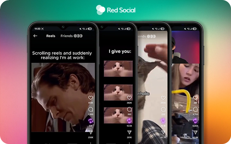 Multiple phones showing viral Instagram Reels, each with high repost and like counts, highlighting shareable video content