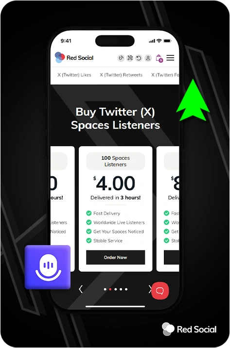 Mobile interface displaying a Red Social page selling “100 Spaces Listeners” for $4.00 with fast delivery and global reach, positioned on a phone screen with dark mode styling and a green upward arrow.