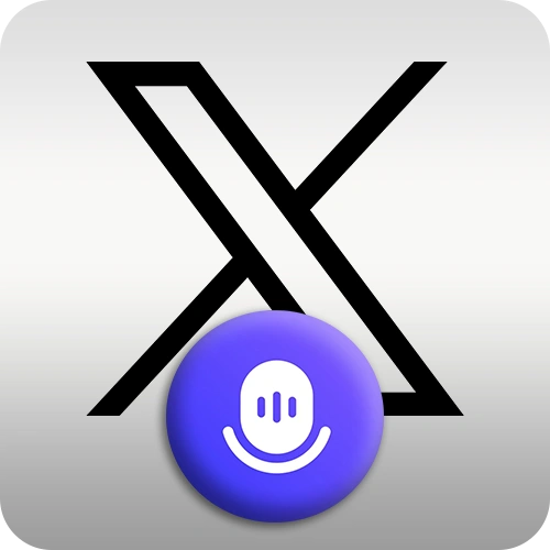 A 3D-style black X (Twitter) logo positioned behind a glossy purple Twitter Spaces icon with a smiling microphone, set against a light gray gradient background.