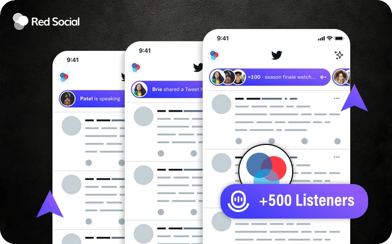 Twitter feed screens stacked with a banner showing “+500 listeners,” illustrating growth in X Spaces listeners through promotion.