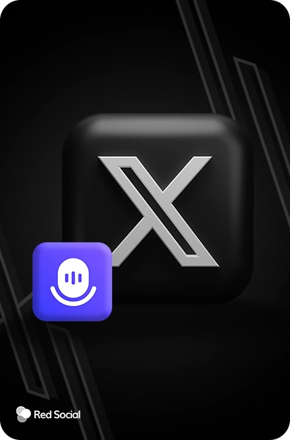 A black 3D square with a silver "X" logo representing Twitter (X), accompanied by a purple icon of a smiling face with sound waves, set against a black background with the Red Social logo.