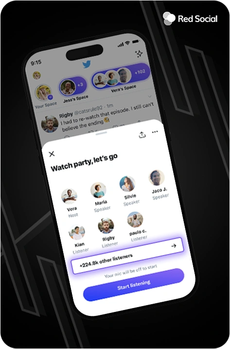 A smartphone screen showing a Twitter Space titled “Watch party, let's go,” with various speakers and 224.8k listeners highlighted, promoting large-scale engagement in live Twitter audio spaces.