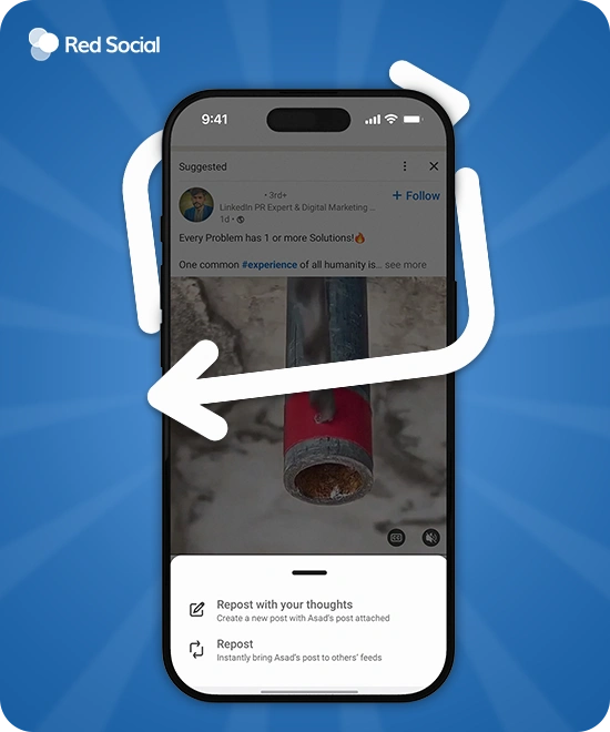 Smartphone showing the LinkedIn repost menu with arrows indicating how to repost a post to gain more visibility.