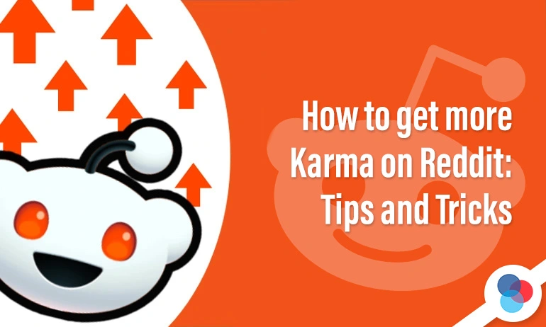 Illustration about gaining Reddit karma, featuring the Reddit mascot with upward arrows and the text tips and tricks.
