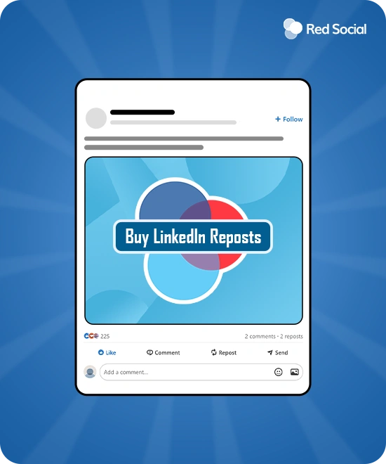 LinkedIn post mockup promoting “Buy LinkedIn Reposts” displayed in a feed-style card on a blue background.