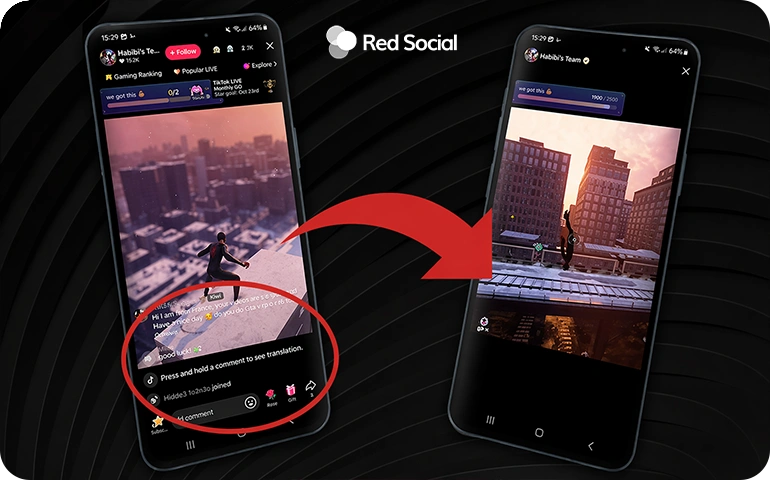Two smartphones showing TikTok LIVE gameplay with highlighted comment controls and a red arrow demonstrating how to manage live comments.