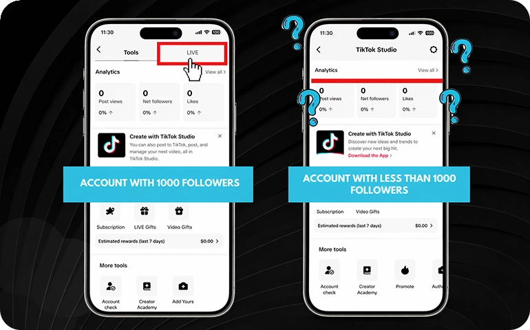 Comparison of TikTok account tools showing LIVE access for accounts with 1,000 followers versus limited access for accounts with fewer than 1,000 followers.