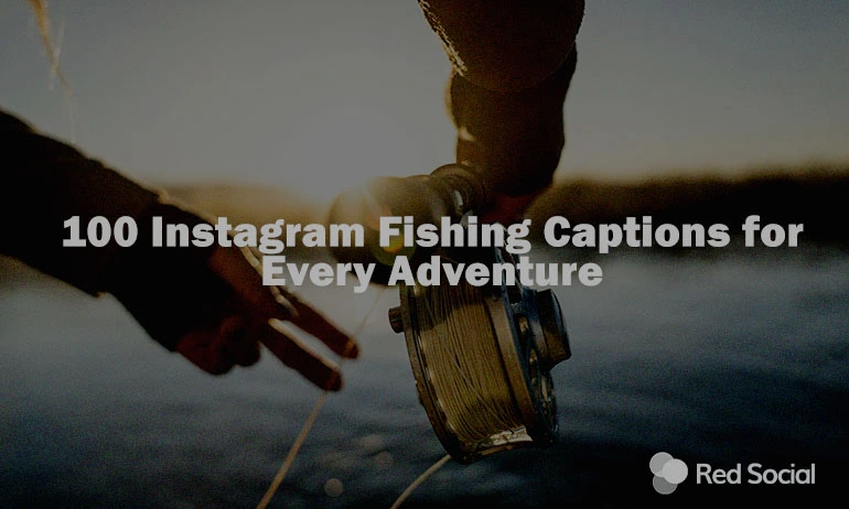 A person holding a fishing tackle throwing it in the water of a lake. On top of the image there is a text reading "100 Instagram fishing captions for every adventure."