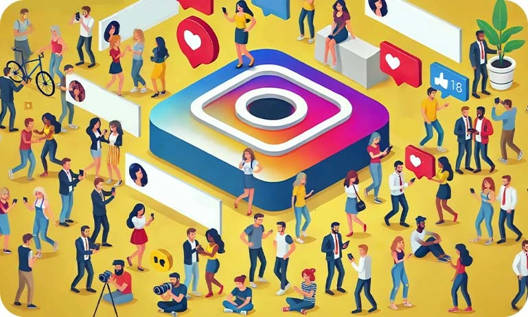 The image showcases a vibrant illustration of a large crowd of people actively engaging around a giant 3D Instagram logo. The scene is bustling with activity, as individuals interact with social media icons like hearts, comments, and thumbs-up symbols.