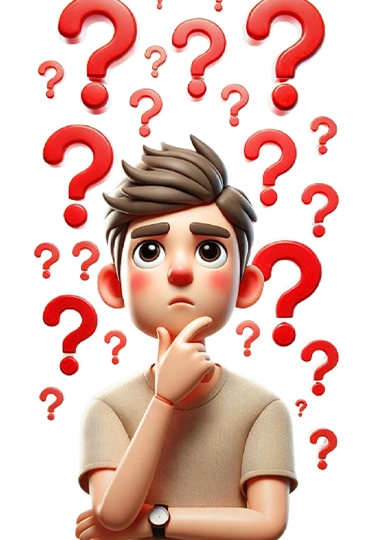 Cartoon character with a thoughtful expression surrounded by red question marks, symbolizing confusion or decision-making.