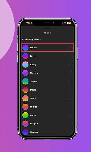 One smartphone displaying the steps on changing the Instagram chat theme back to default.