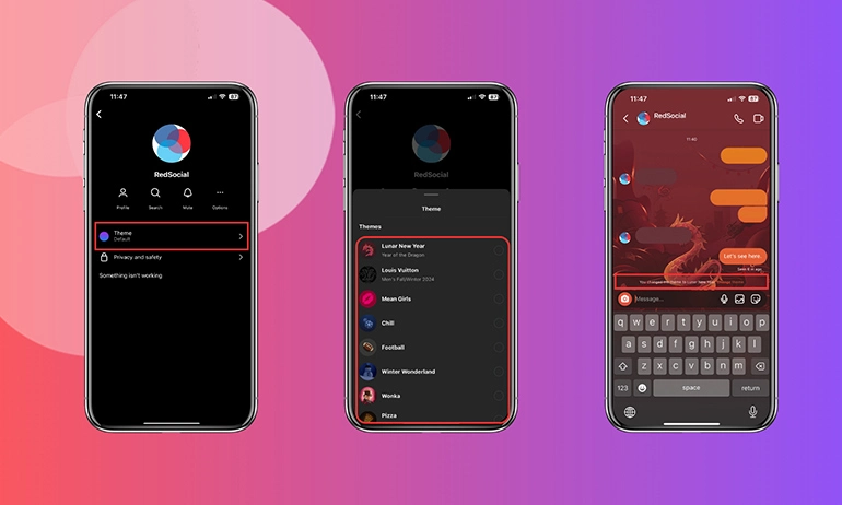 three phones showing the steps of changing the theme of a chat