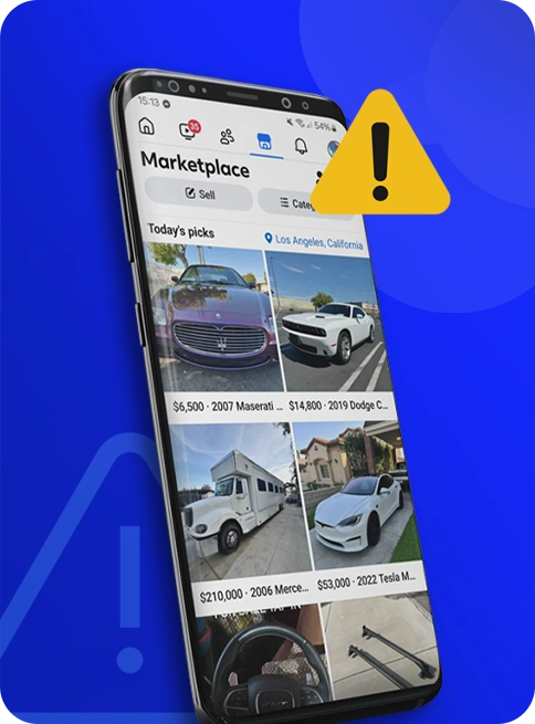 Facebook Marketplace listing page with warning icon