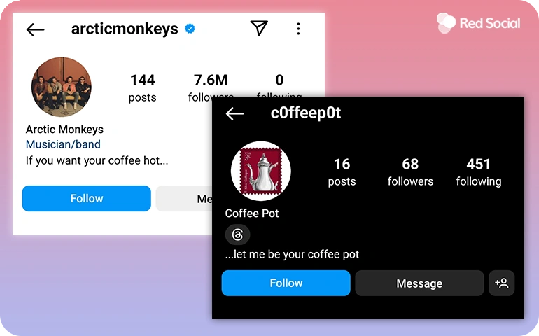 Instagram profiles of Arctic Monkeys and Coffee Pot with matching song lyric bios