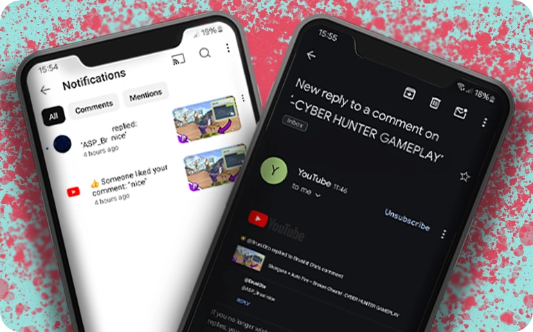 Two phone screens showing YouTube notifications for replies to comments, illustrating how YouTube notifies users about comment replies
