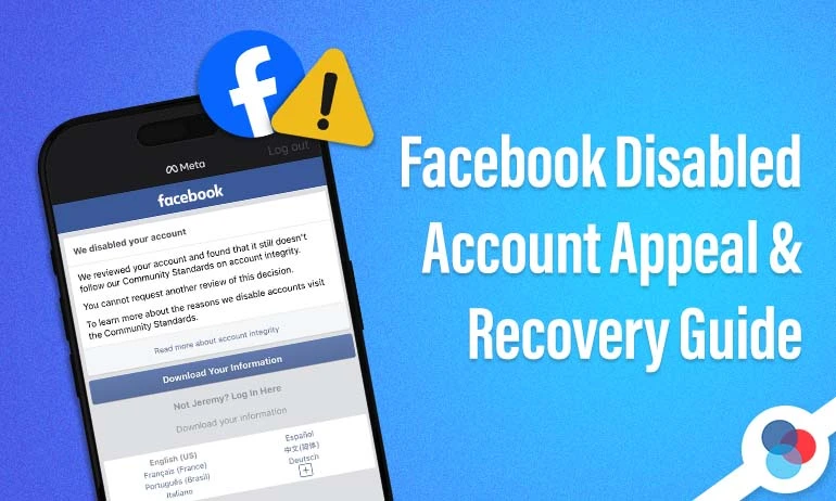 facebook disabled account screen with warning icon and text about appeal and recovery guide