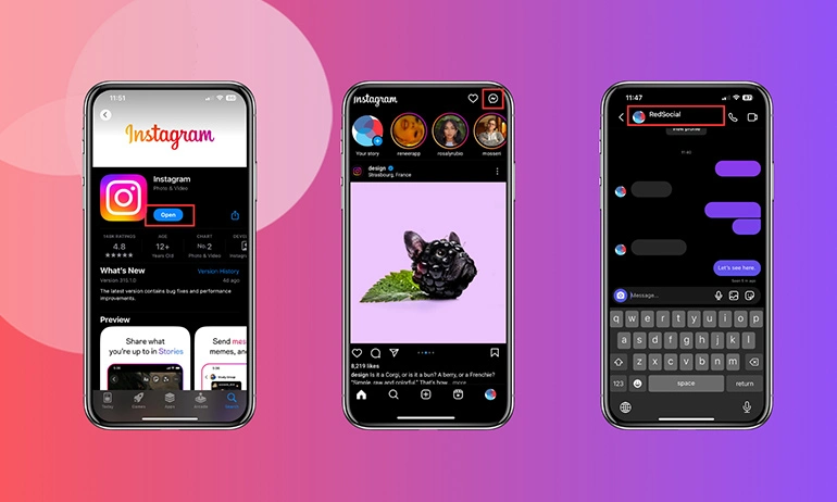 Three smartphones displaying the steps on finding your chat settings on Instagram