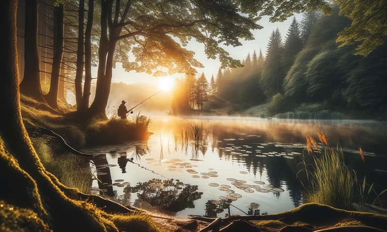 illustration of a man in a lake fishing. the sun is rising while the man is fishing.