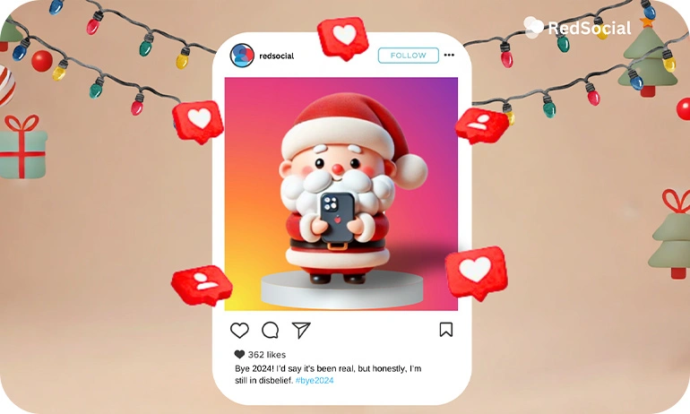 Instagram post of a Santa Claus figure using a smartphone, humorously captioned about saying goodbye to 2024.