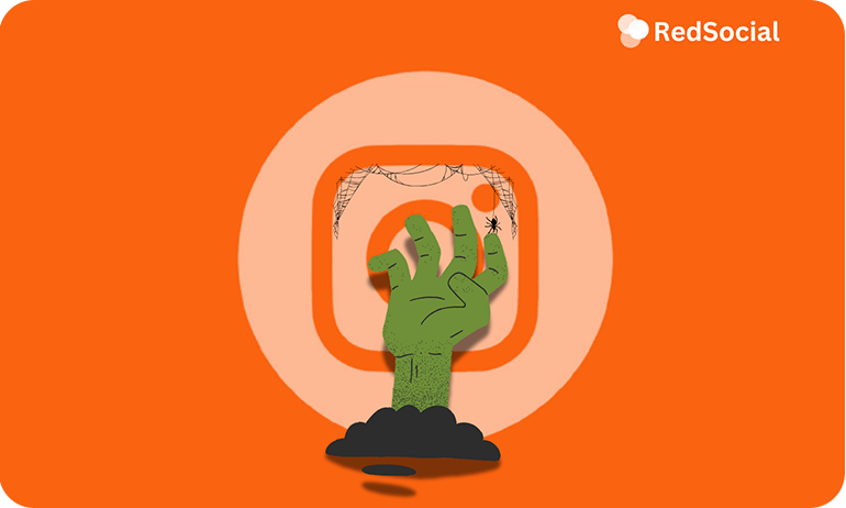 A zombie hand rising from the ground holding the Instagram logo with spiderwebs.