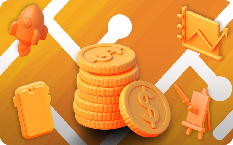 Illustration of stacked coins with icons representing growth, analysis, and campaign success, symbolizing the cost of Reddit advertising.