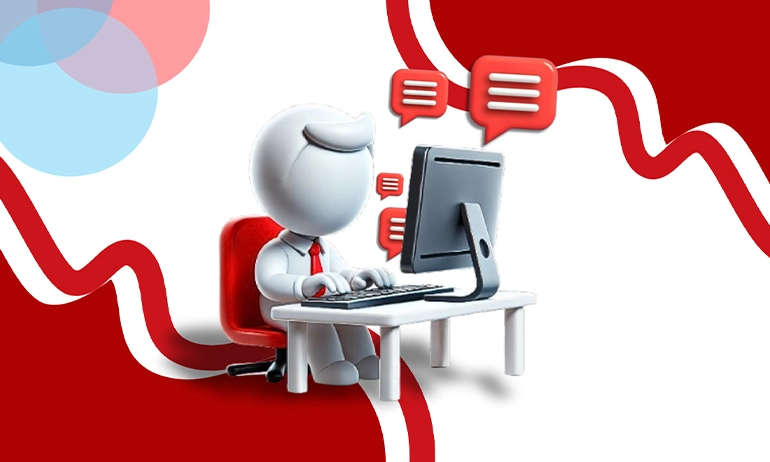 A 3D figure at a computer desk, with red speech bubbles and a wavy red and white background.