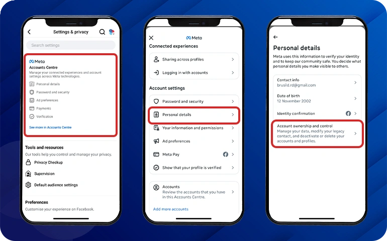 Three smartphone screens showing Facebook account settings.