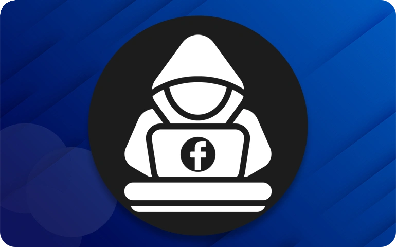 Hooded hacker icon with a Facebook logo on a blue background.