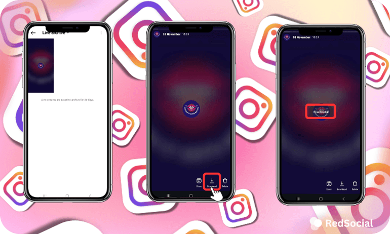 Three smartphones showing steps on how to access and download an Instagram Live video.