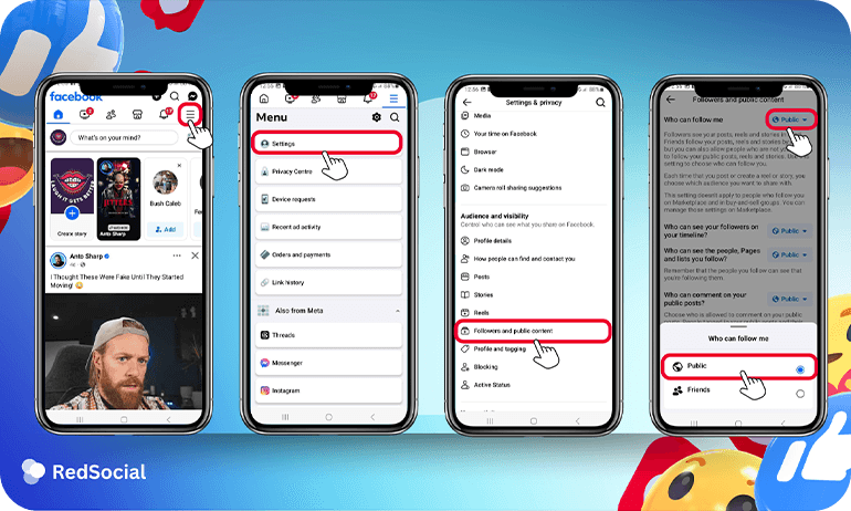 Three smartphones showing the step-by-step process to enable follower settings in the Facebook app.