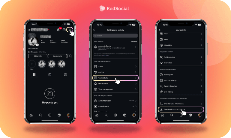 Three phones displaying the first steps on how to find liked comments on Instagram.