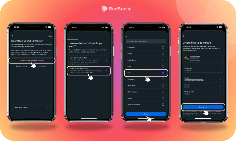 Four phones displaying the steps on Activity Center to find liked comments on Instagram.