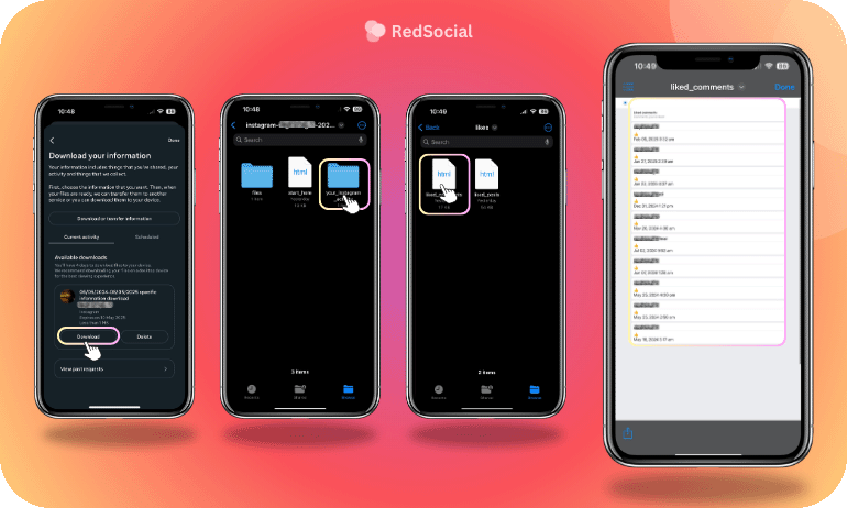 Four phones displaying steps to access and find liked comments on Instagram.