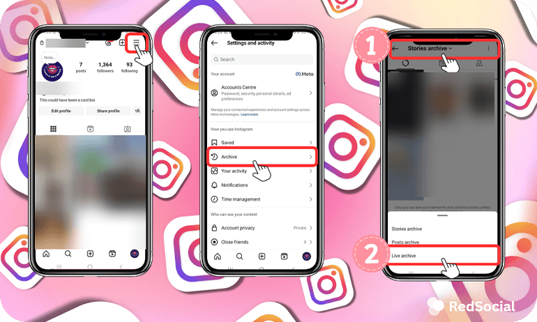 Three smartphones displaying steps to access the Stories archive and Live video archive within Instagram settings.